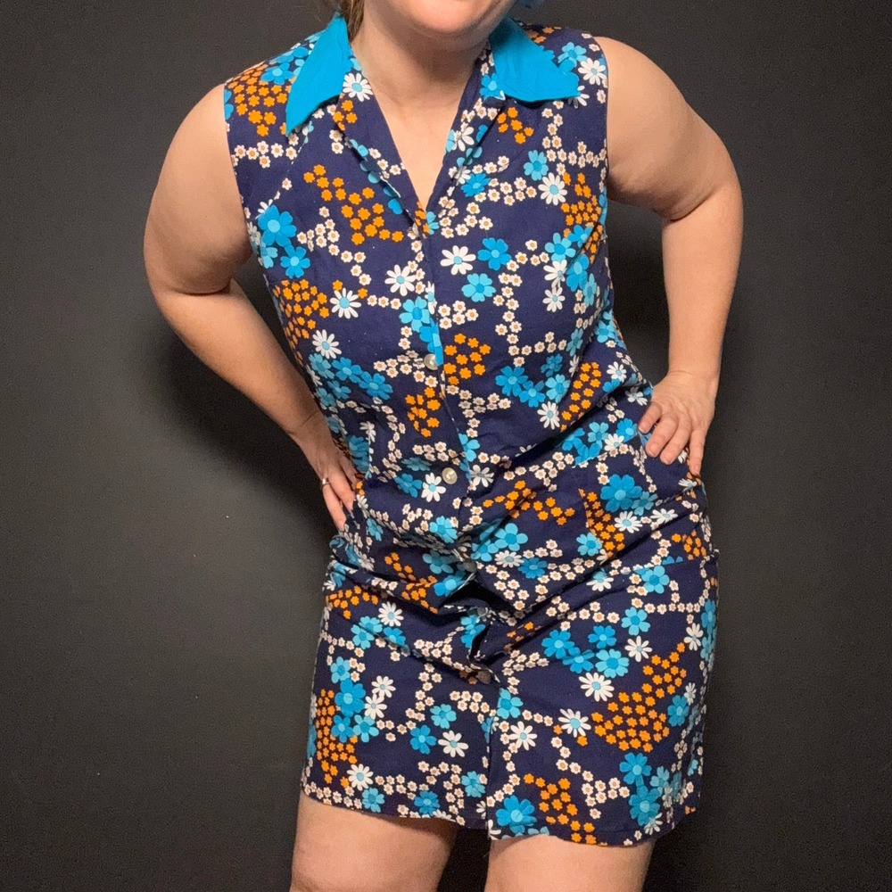 True Vintage 70s Floral Whimsical Dress Cotton Blue Psychedelic Sz M Rainbow‎ - Picture 5 of 10